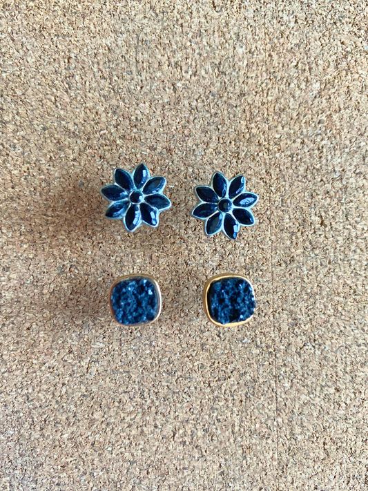 Black Stud Earrings, Set of 2