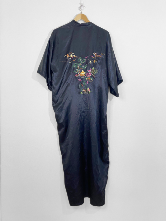 Black Satin Embroidered Kimono (OS)