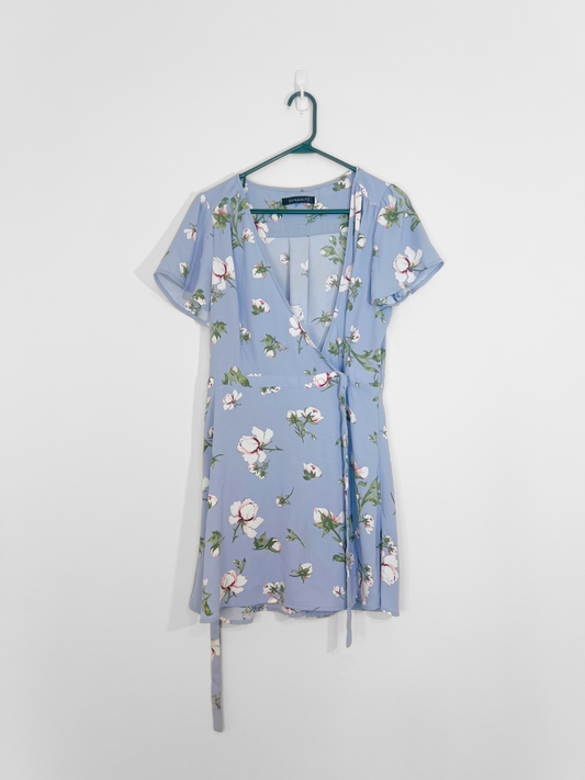 Blue Floral Wrap Dress (Small)